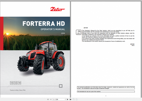 Discover the essential ZETOR TRACTOR FORTERRA HD Operator’s Manual, specifically designed for models 130, 140, and 150 from 2018. This comprehensive PDF file serves as your go-to resource for understanding the features,