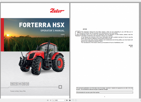 Discover the essential ZETOR TRACTOR FORTERRA HSX Operator’s Manual, designed specifically for models 100, 110, 120, 130, and 140 from 2015