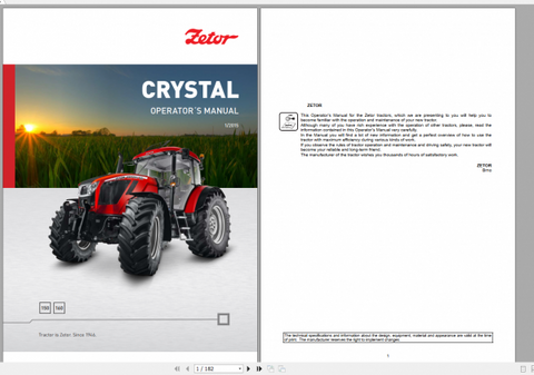 Unlock the full potential of your Zetor Tractor Crystal 150 and 160 with our comprehensive Operator’s Manual in PDF format. This essential guide is designed to provide you with all the information you need to operate and maintain your tractor efficiently,