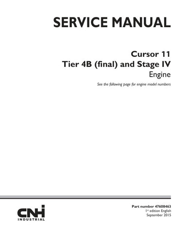 Enhance your maintenance capabilities with the CNH Cursor 11 Tier 4B (Final) and Stage IV Engine Service Manual (Part Number: 47608463). This comprehensive PDF file is an essential resource for technicians and operators, providing detailed insights into engine specifications, troubleshooting techniques, and maintenance procedures. With clear diagrams and step-by-step instructions, you can ensure optimal performance and longevity of your engine, making it a must-have for anyone looking to maximize efficiency